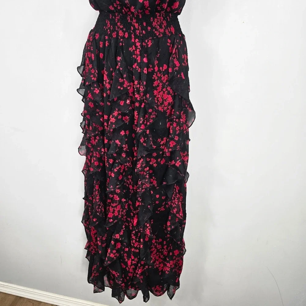 Ruffle Halter Maxi Dress L Black Red Floral Embellished Whimsigoth Fairy HOCO